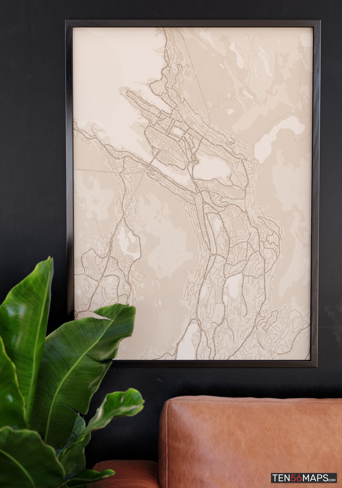 Poster hanging over couch in Sand color scheme