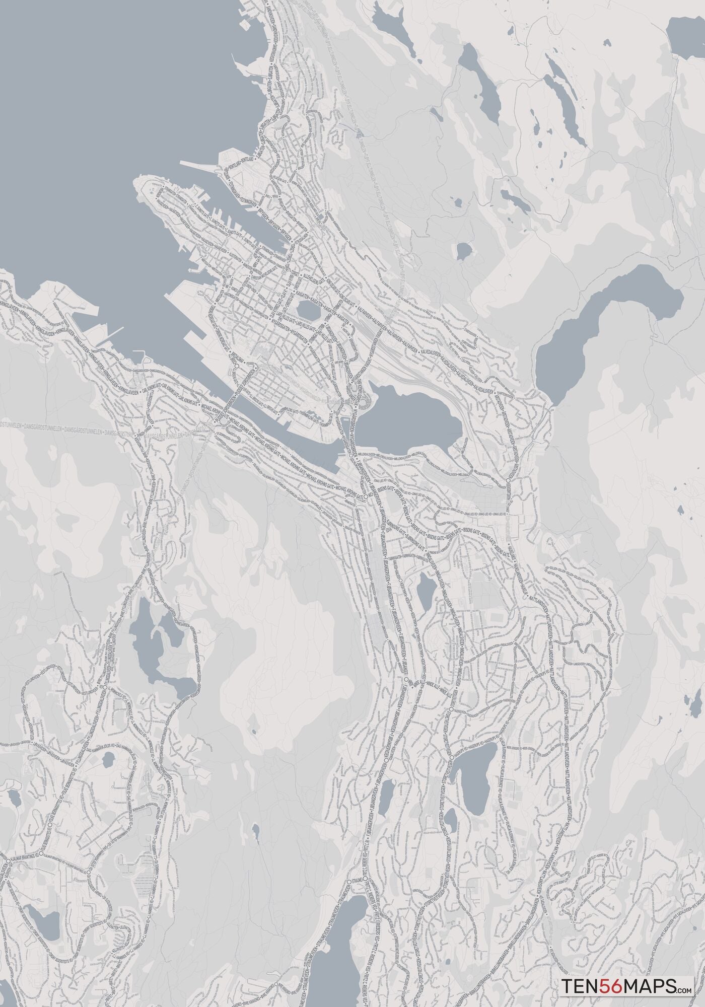 Color Variant Steel - Gray with water and major roads in muted blue.