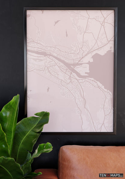 Poster hanging over couch in Rose color scheme