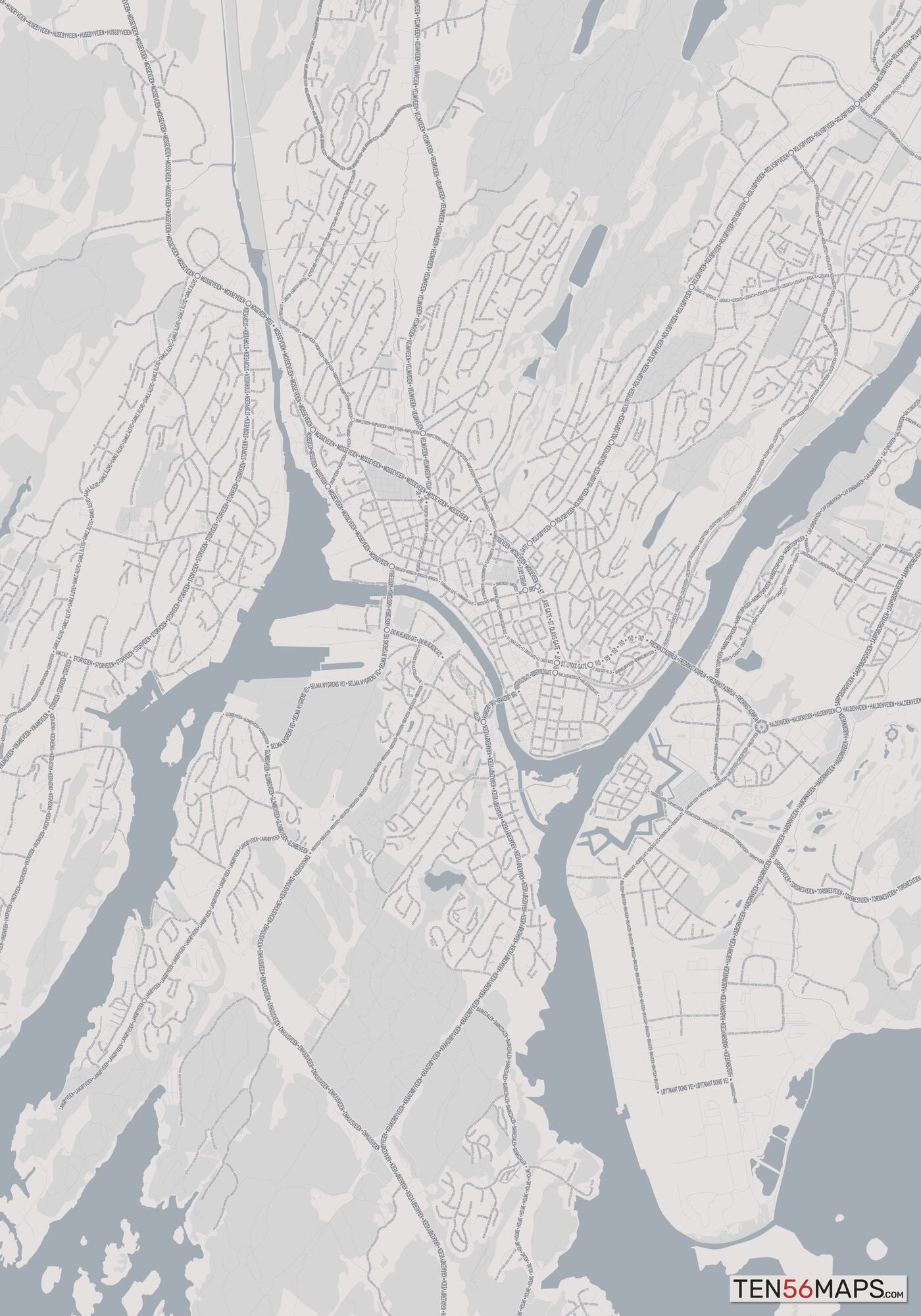 Color Variant Steel - Gray with water and major roads in muted blue.