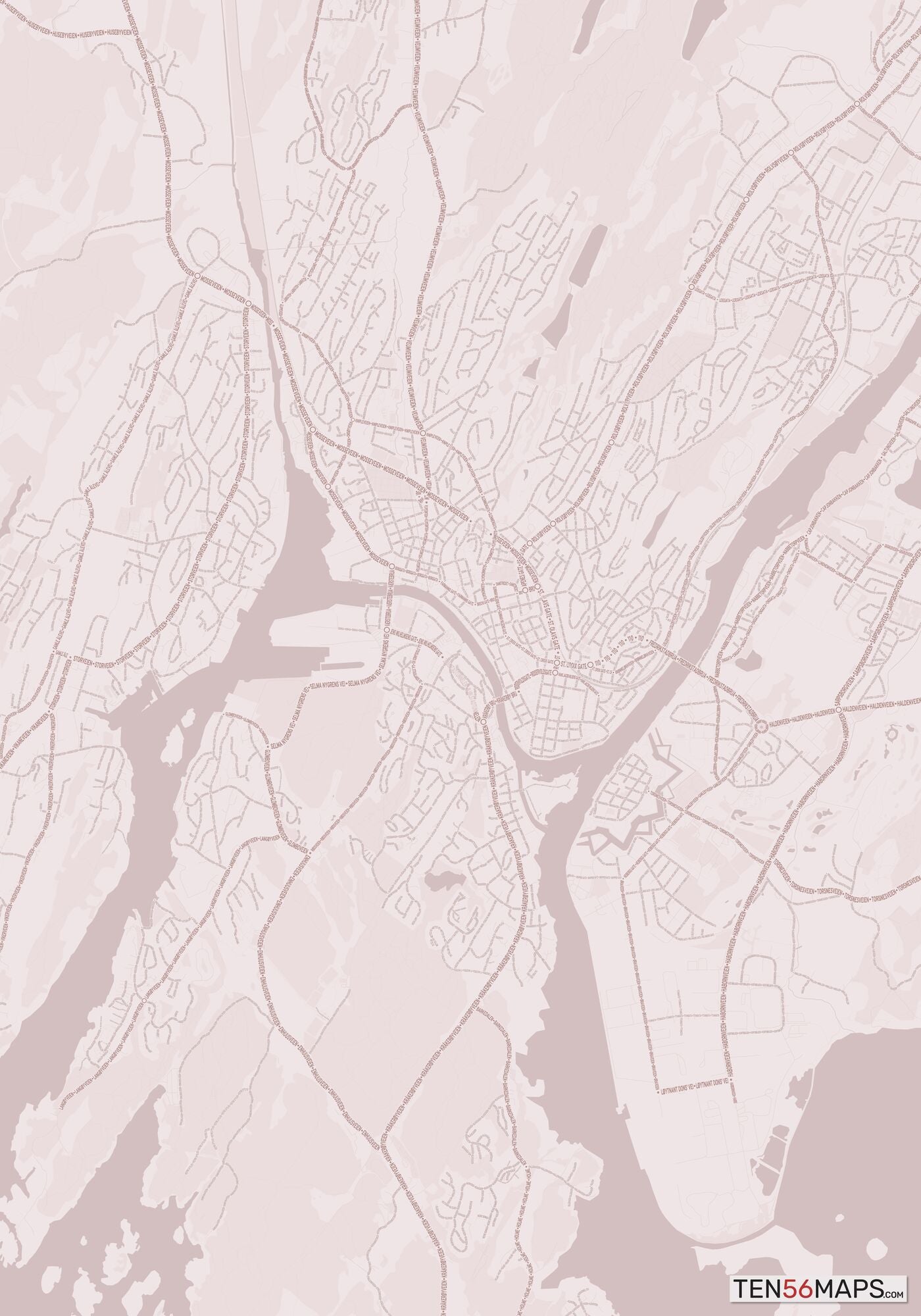 Color Variant Rose - Muted red roads and water.