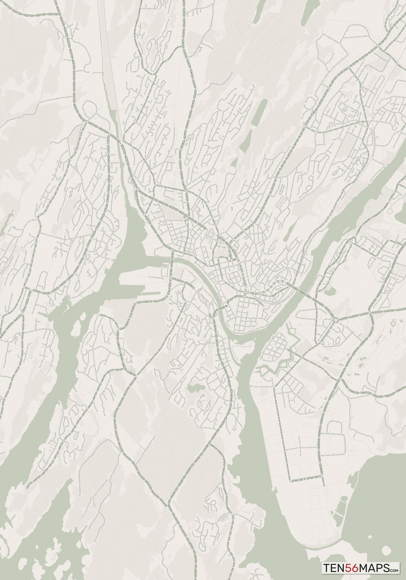 Color Variant Mint - Muted green water and major roads in darker green.