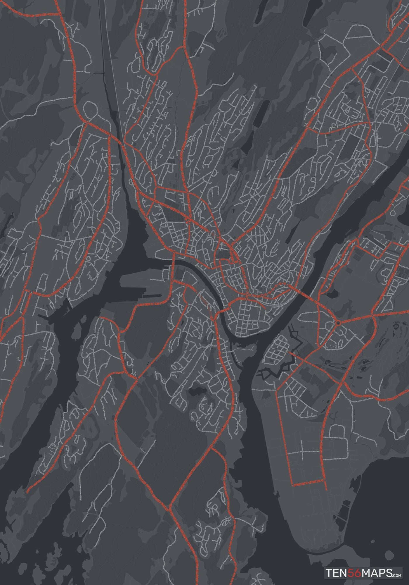 Color Variant Slate - Dark grey with major roads in red.