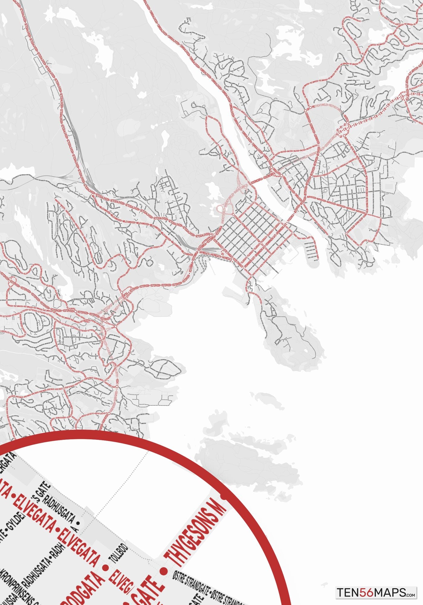 Color Variant Ruby - White with mayor roads in red.