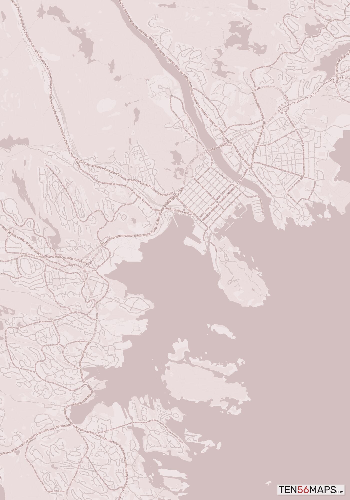 Color Variant Rose - Muted red roads and water.