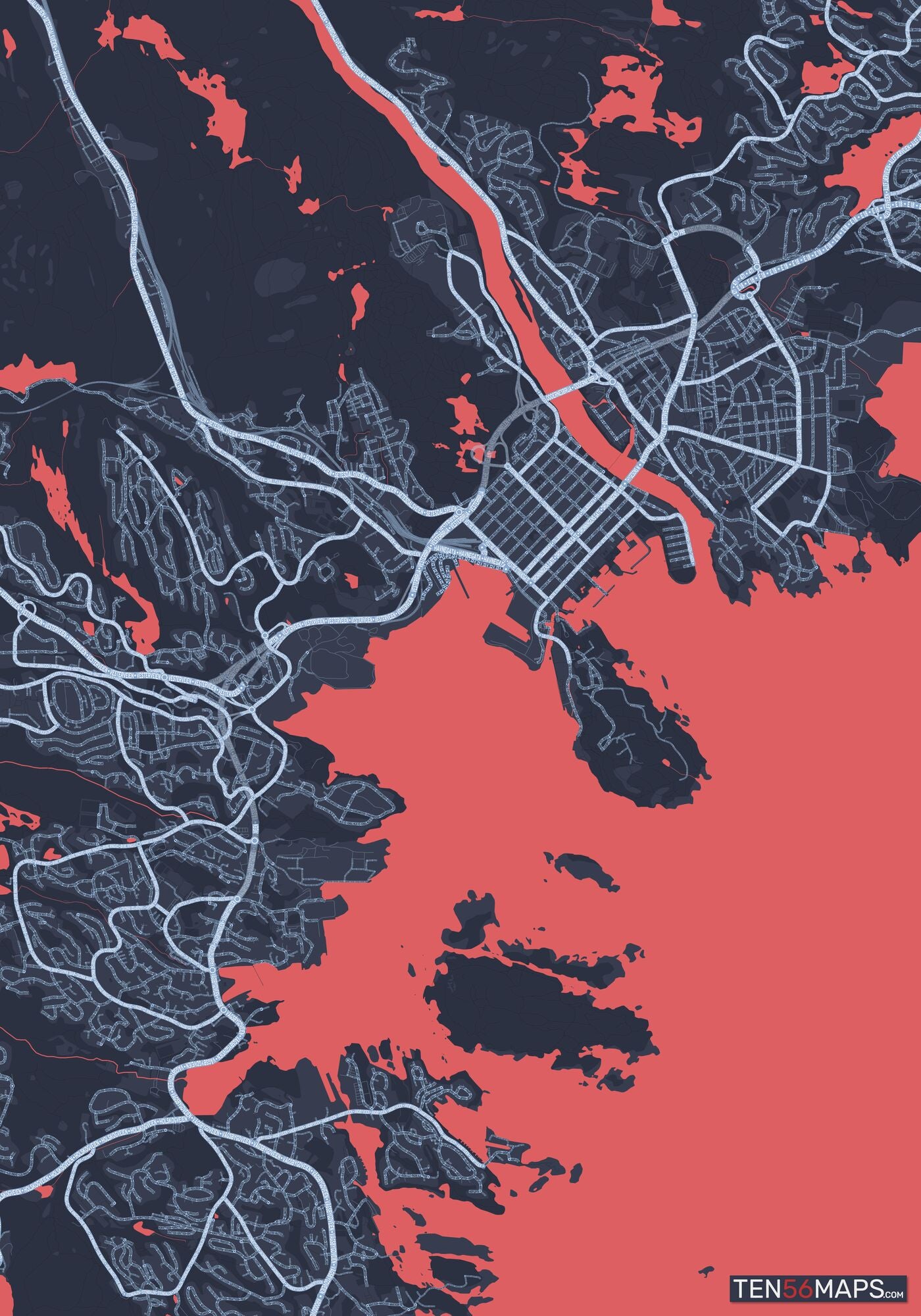 Color Variant Royal - Blue land with water in red.