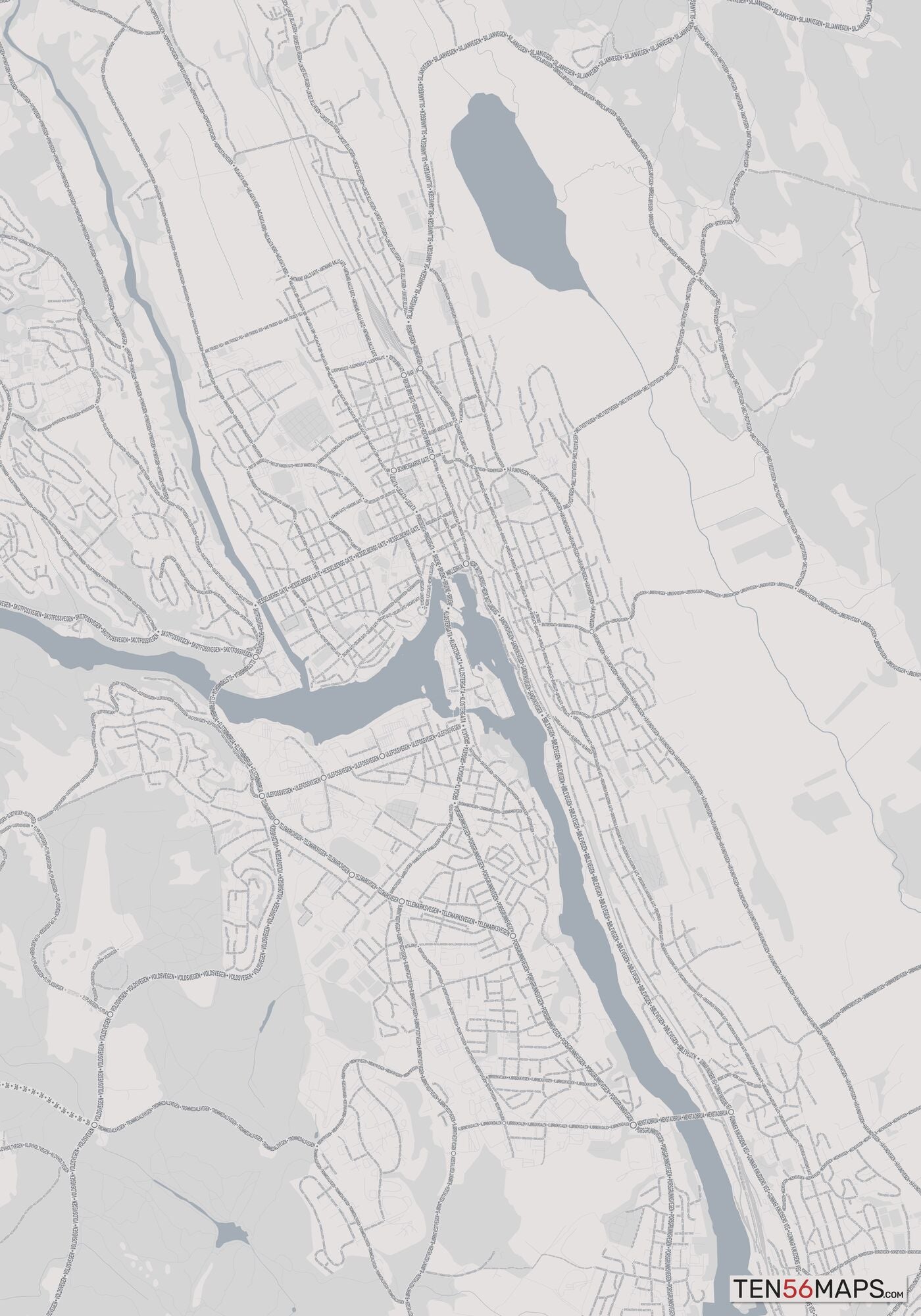 Color Variant Steel - Gray with water and major roads in muted blue.