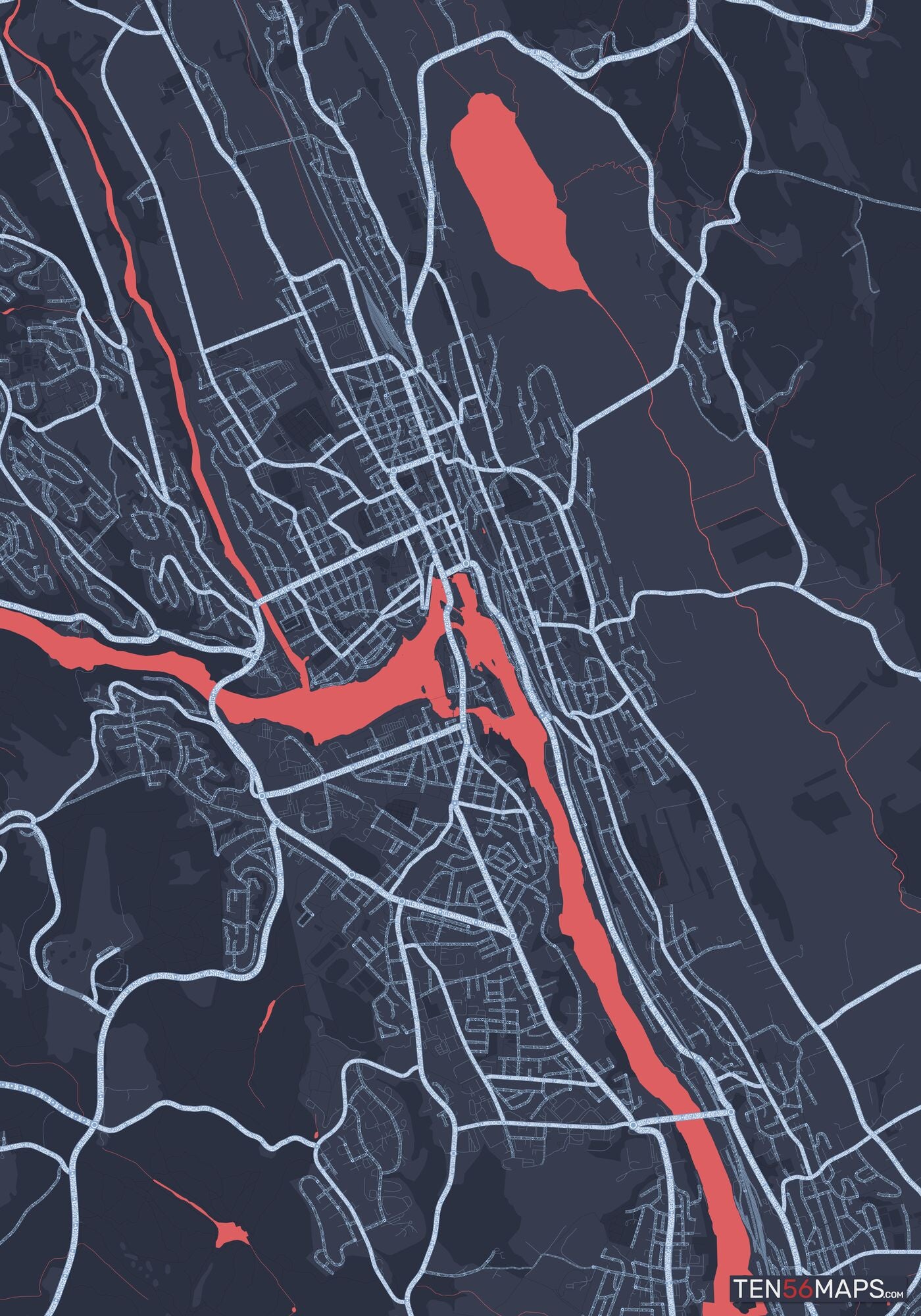 Color Variant Royal - Blue land with water in red.