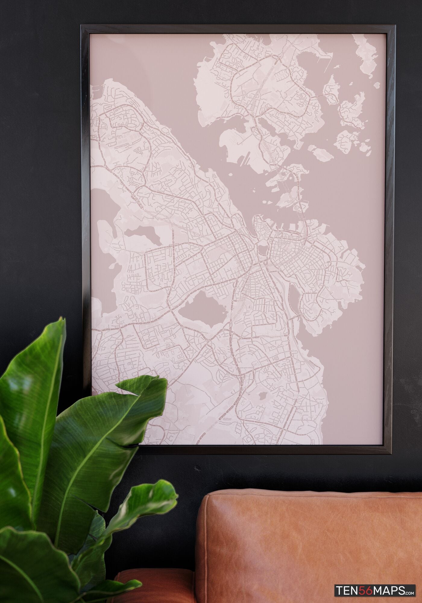 Poster hanging over couch in Rose color scheme