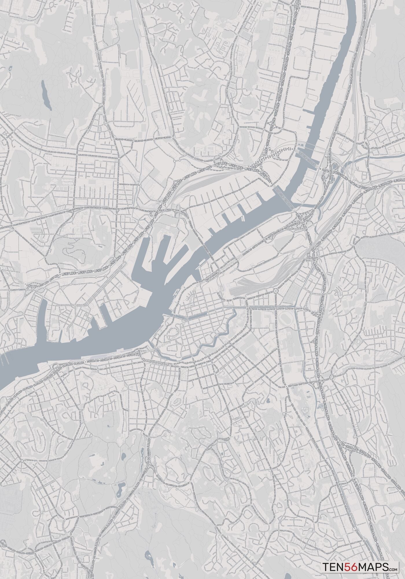 Color Variant Steel - Gray with water and major roads in muted blue.