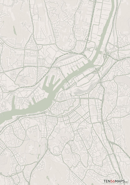 Color Variant Mint - Muted green water and major roads in darker green.