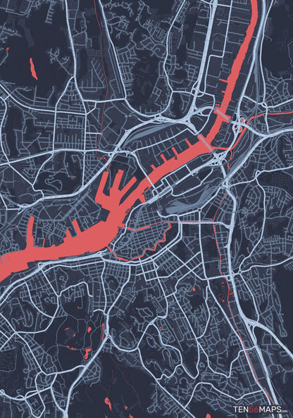 Color Variant Royal - Blue land with water in red.