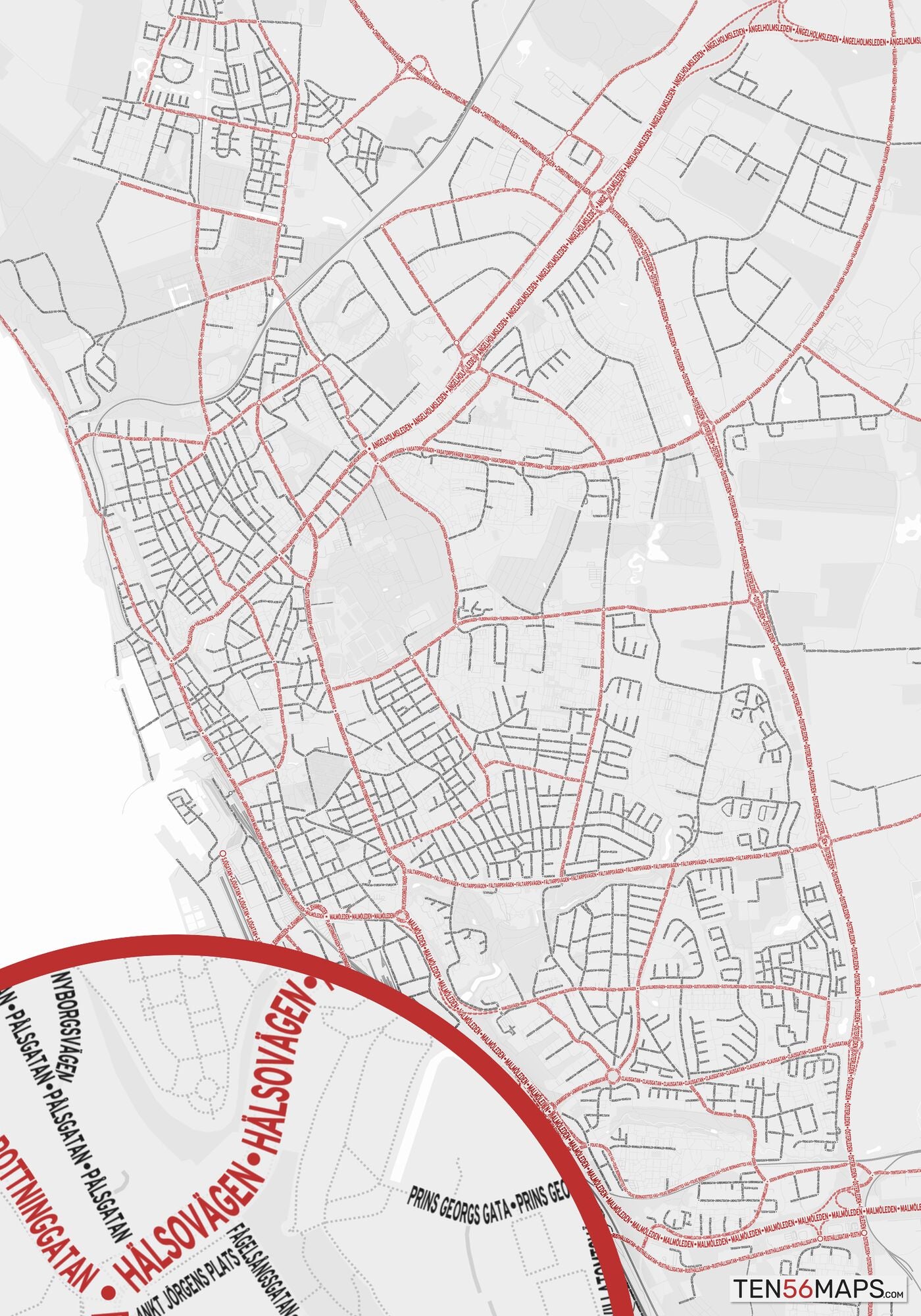 Color Variant Ruby - White with mayor roads in red.