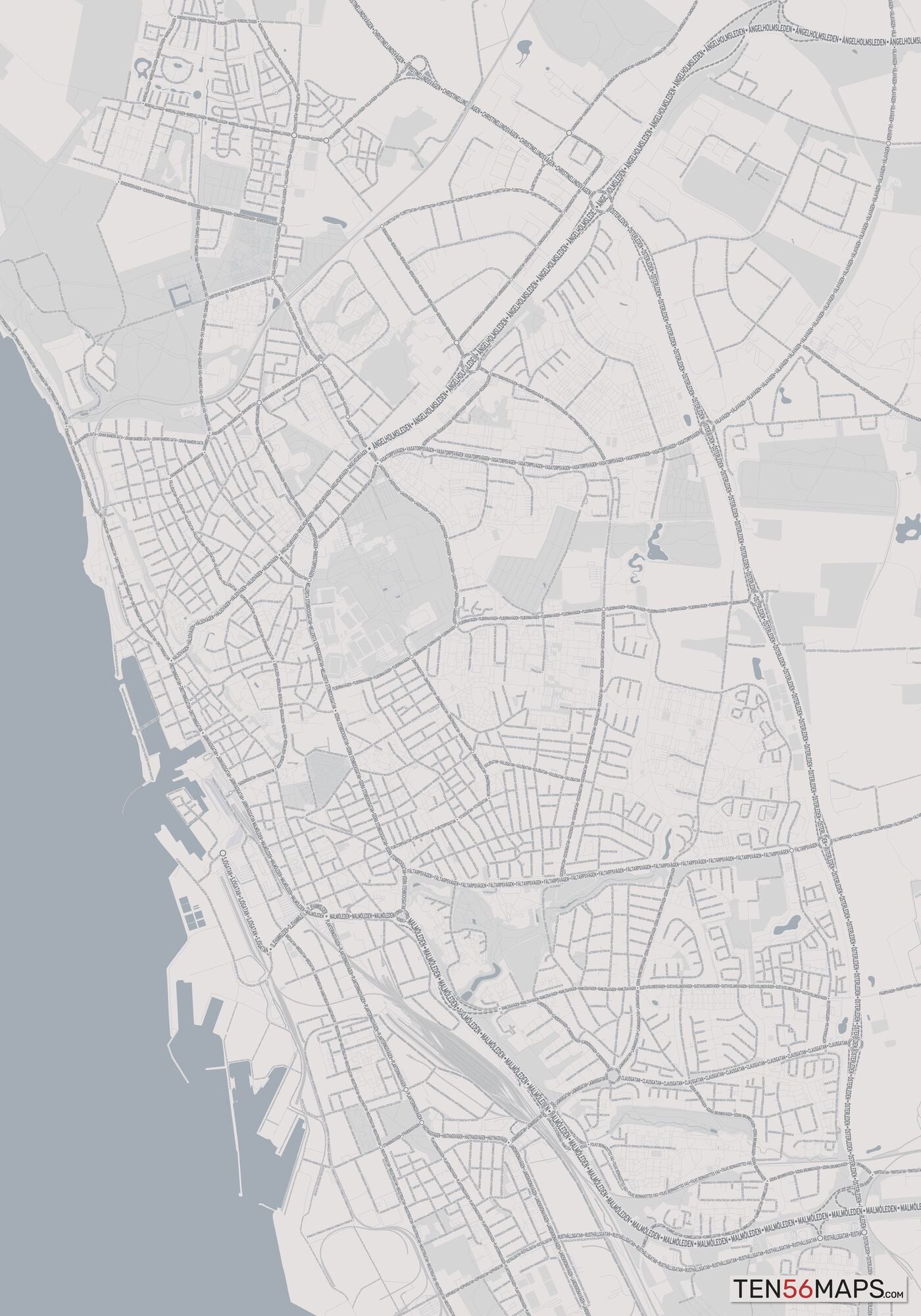 Color Variant Steel - Gray with water and major roads in muted blue.
