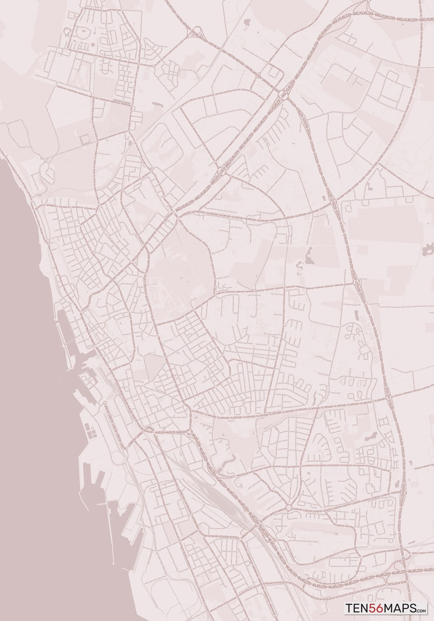 Color Variant Rose - Muted red roads and water.