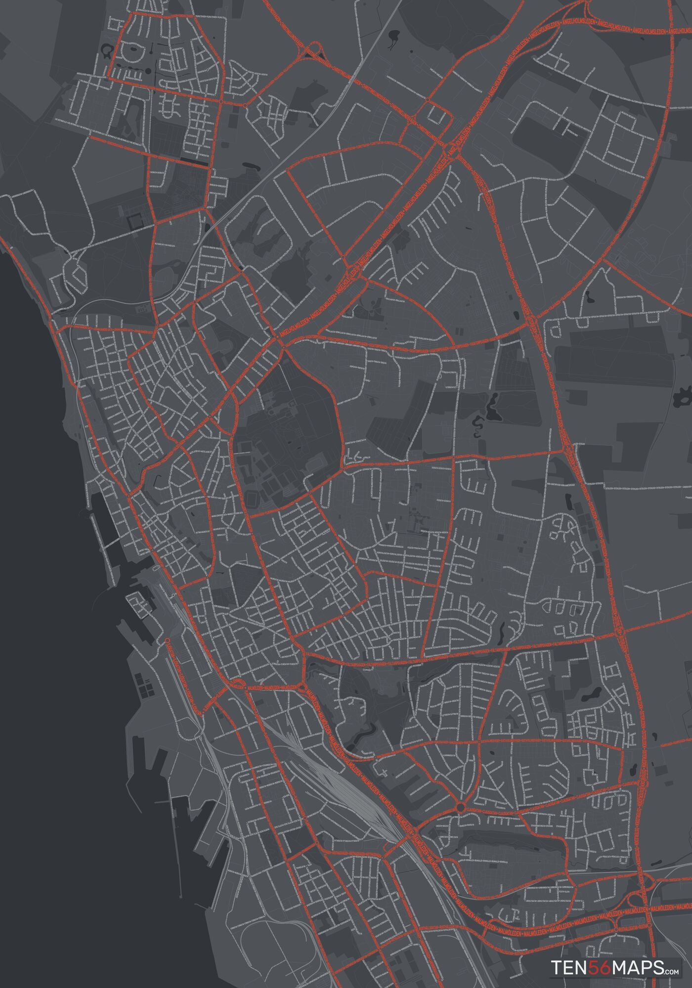 Color Variant Slate - Dark grey with major roads in red.