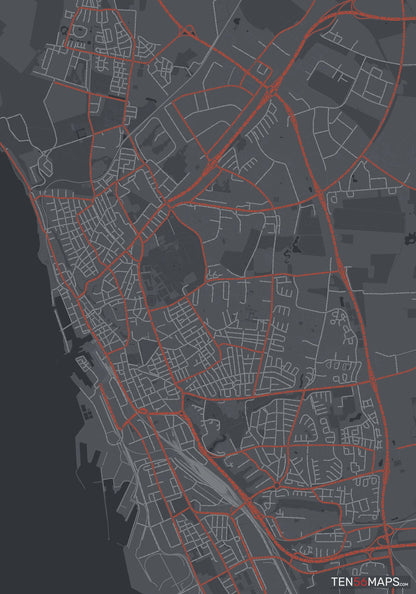Color Variant Slate - Dark grey with major roads in red.