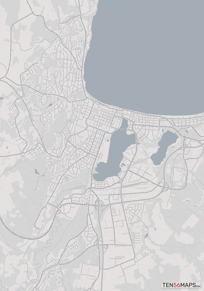 Color Variant Steel - Gray with water and major roads in muted blue.