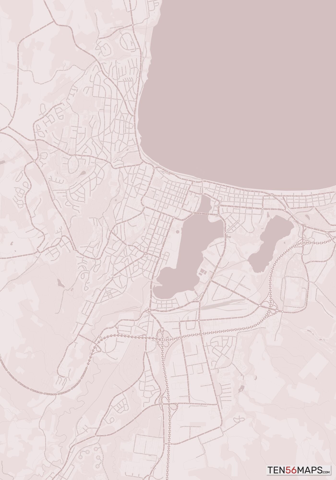 Color Variant Rose - Muted red roads and water.