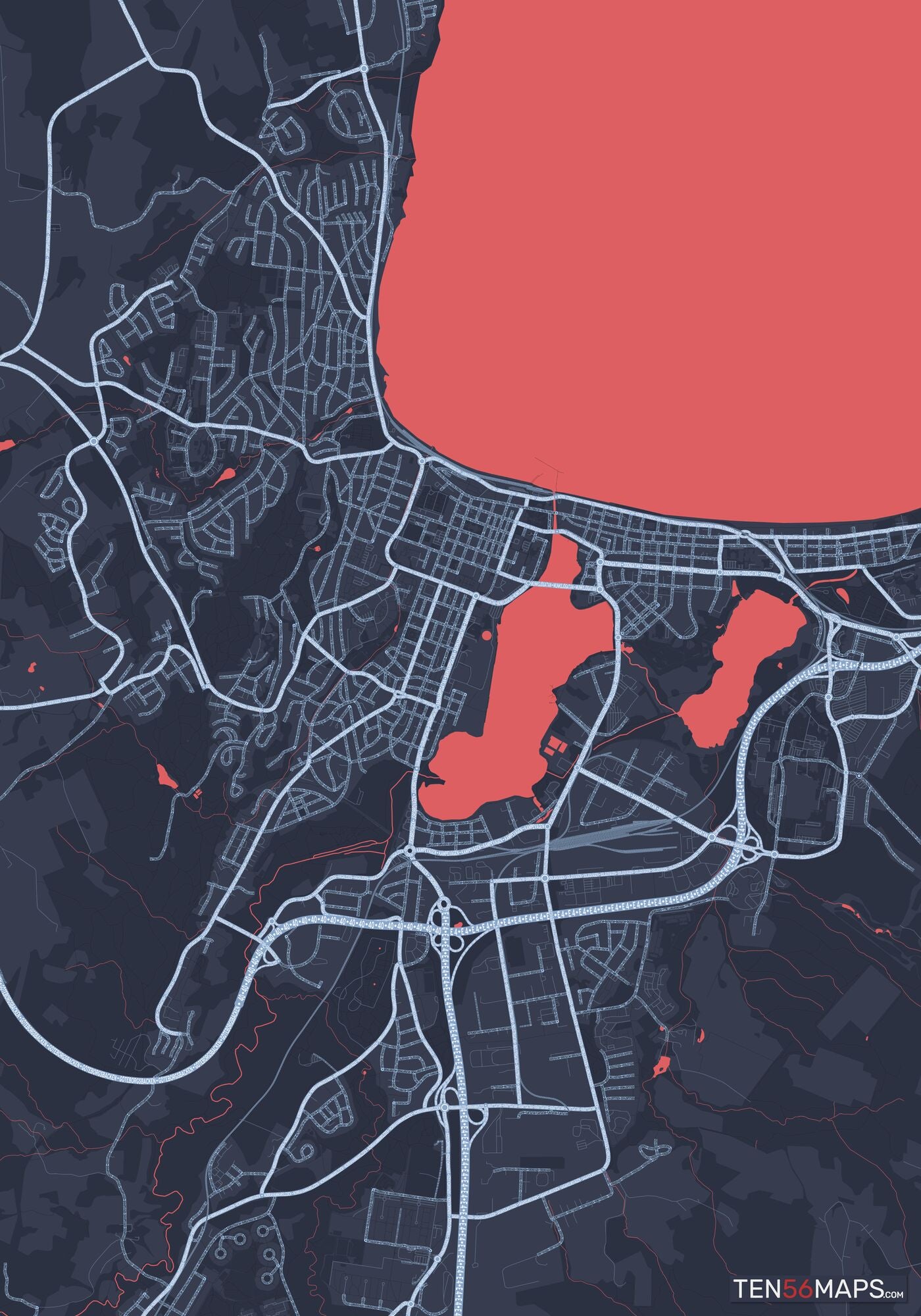 Color Variant Royal - Blue land with water in red.