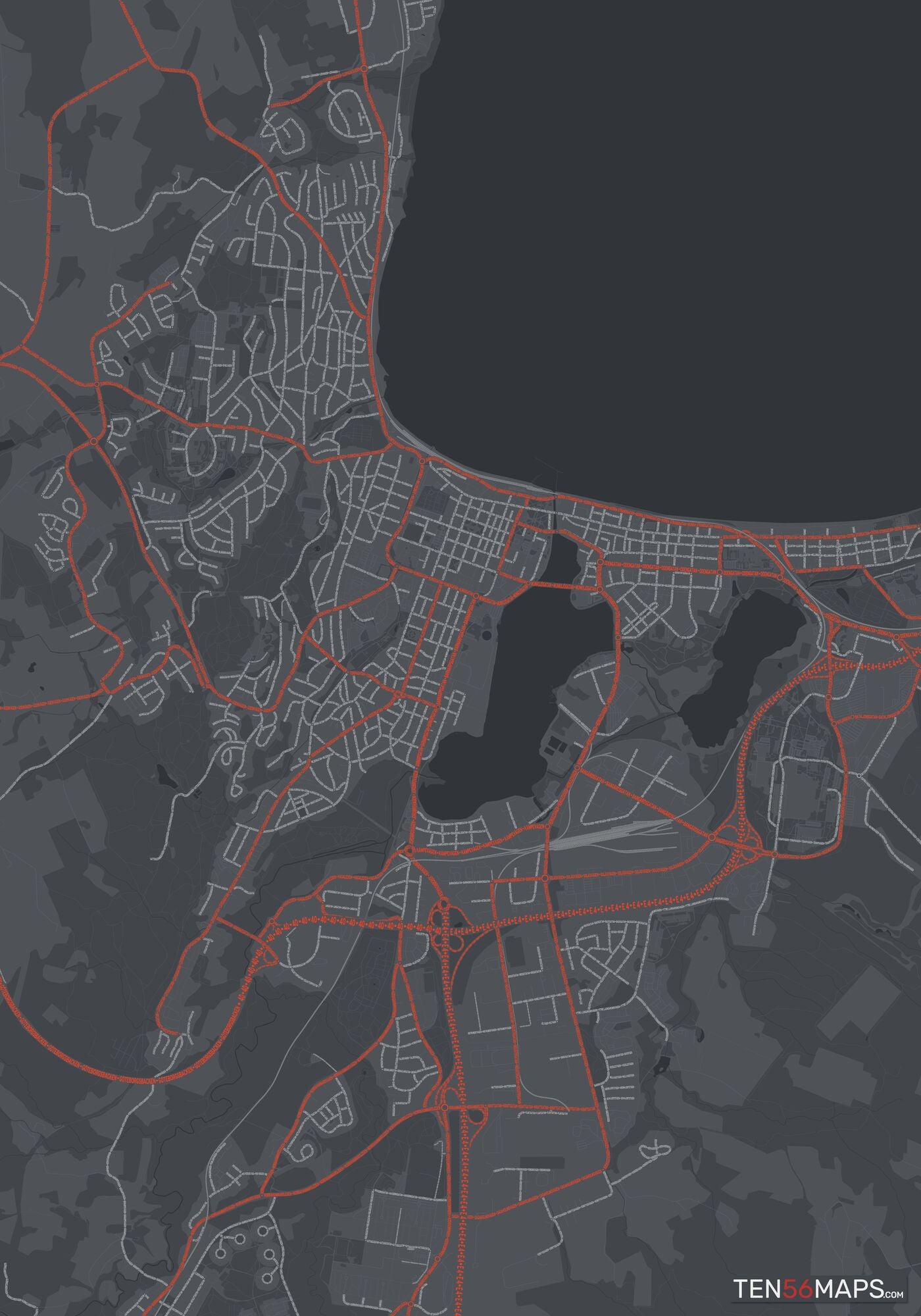 Color Variant Slate - Dark grey with major roads in red.