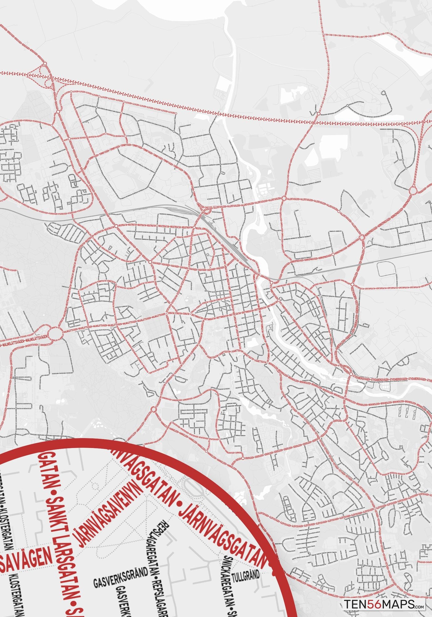 Color Variant Ruby - White with mayor roads in red.