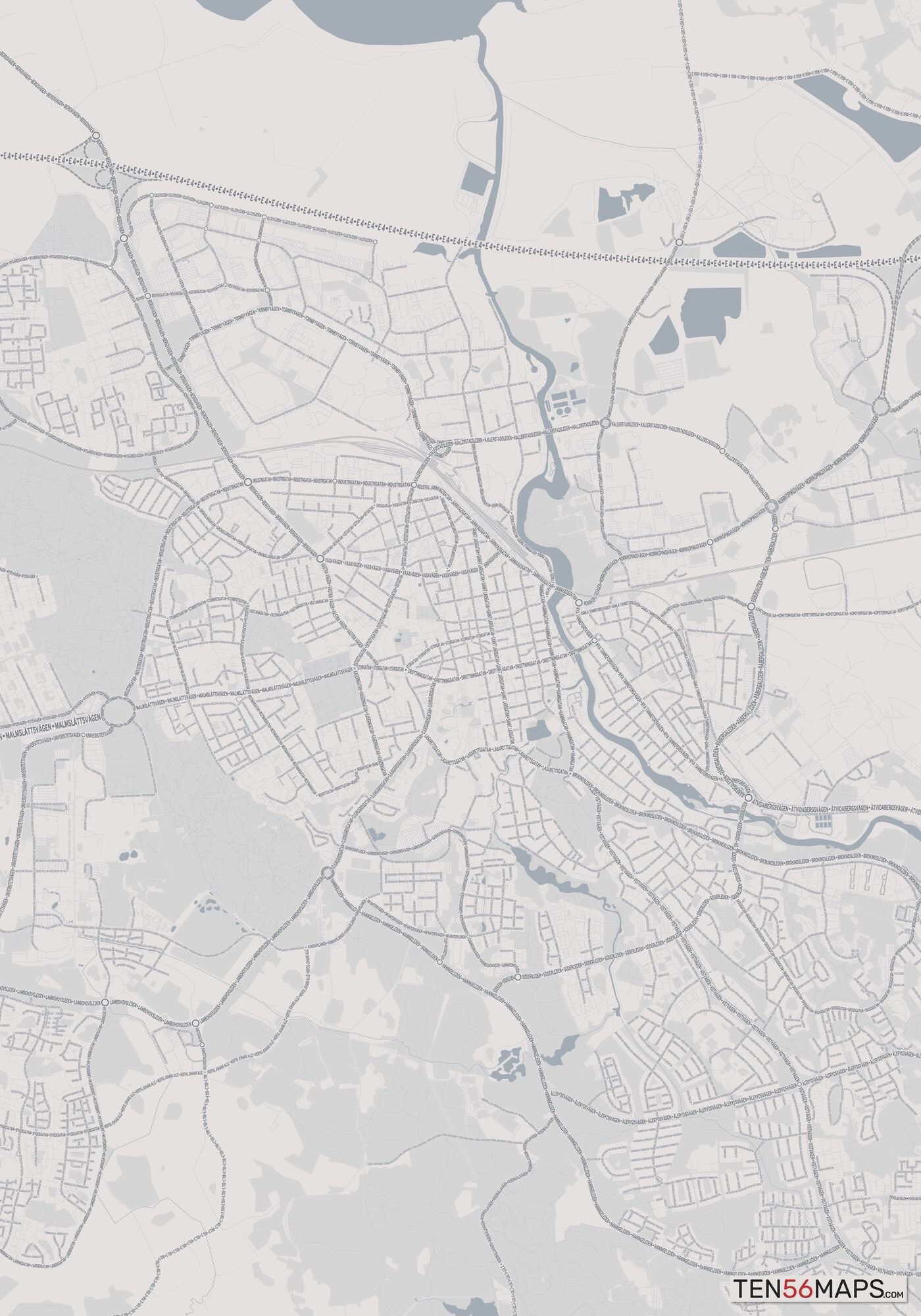 Color Variant Steel - Gray with water and major roads in muted blue.