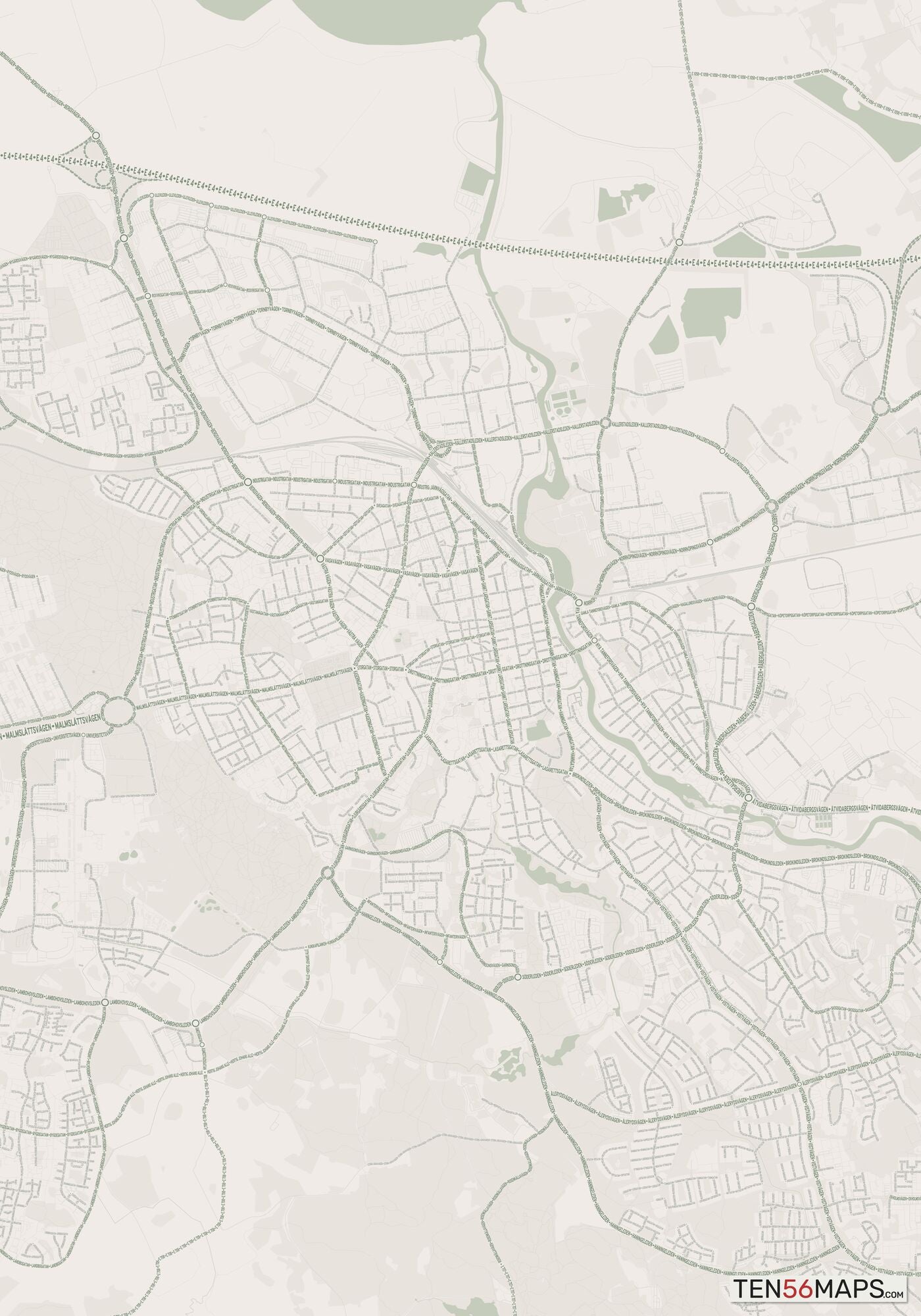 Color Variant Mint - Muted green water and major roads in darker green.