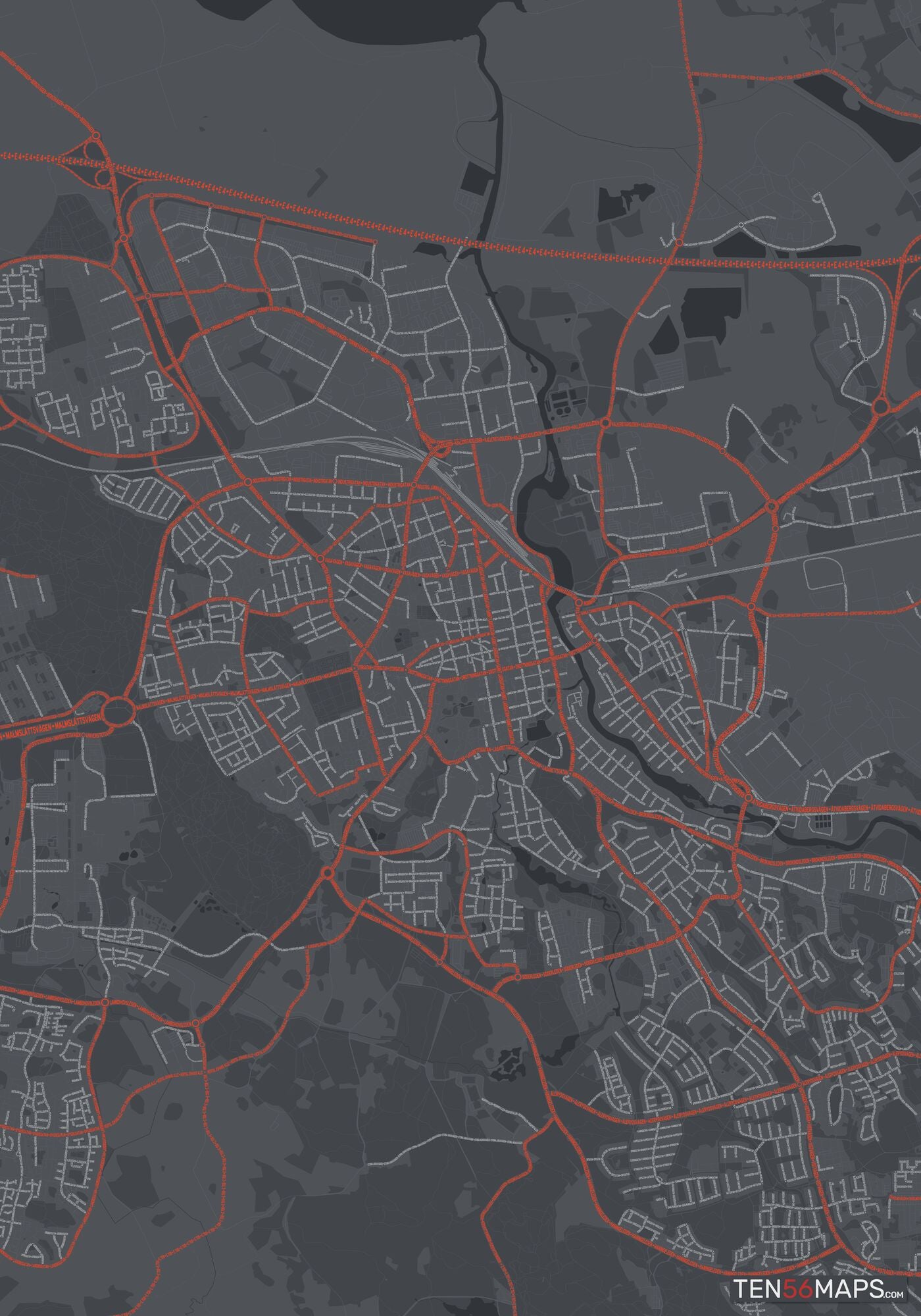 Color Variant Slate - Dark grey with major roads in red.