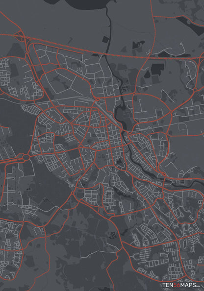 Color Variant Slate - Dark grey with major roads in red.