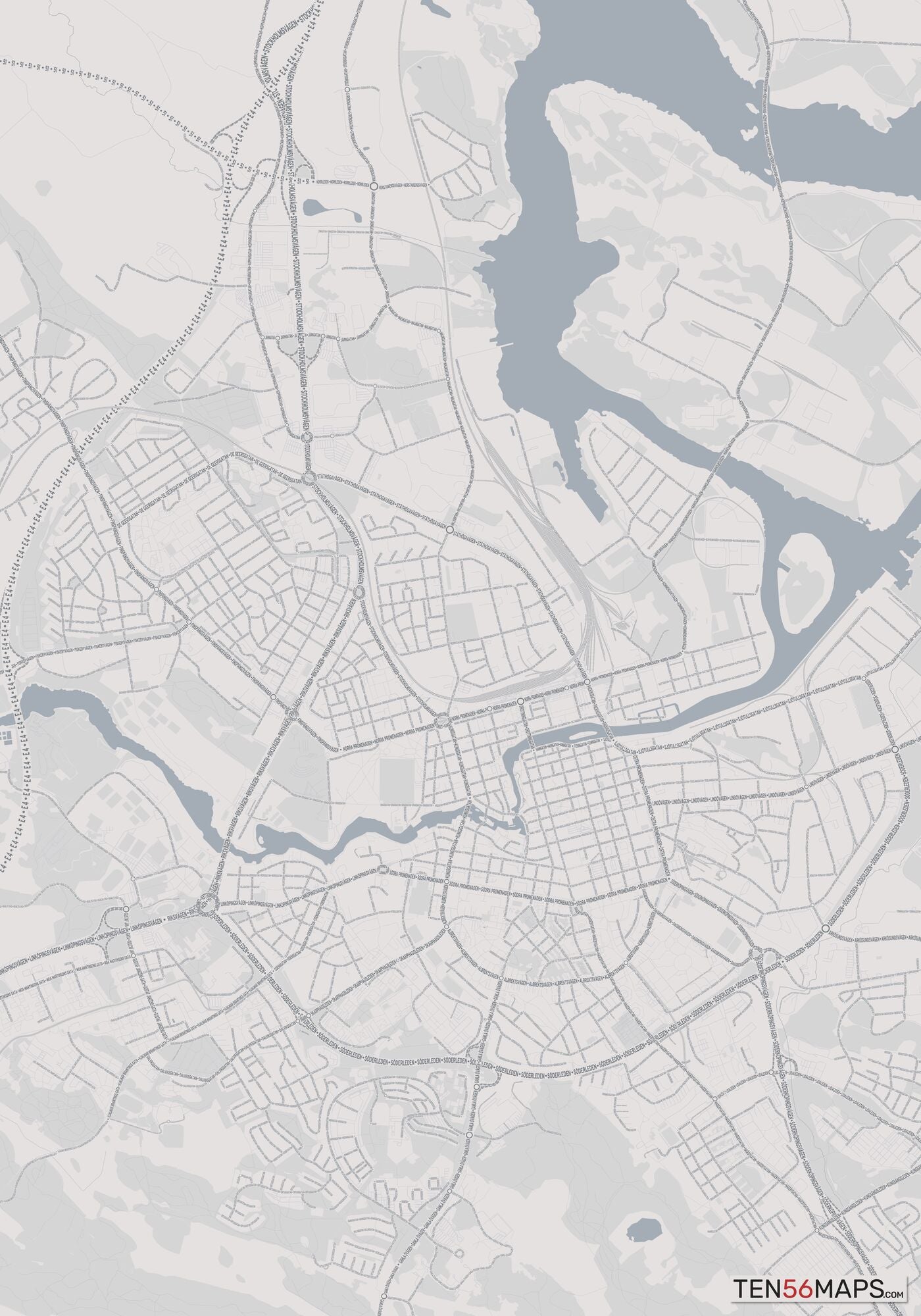 Color Variant Steel - Gray with water and major roads in muted blue.