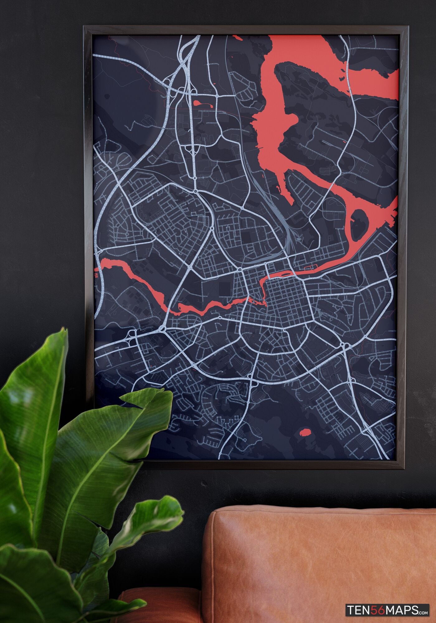 Poster hanging over couch in Royal color scheme