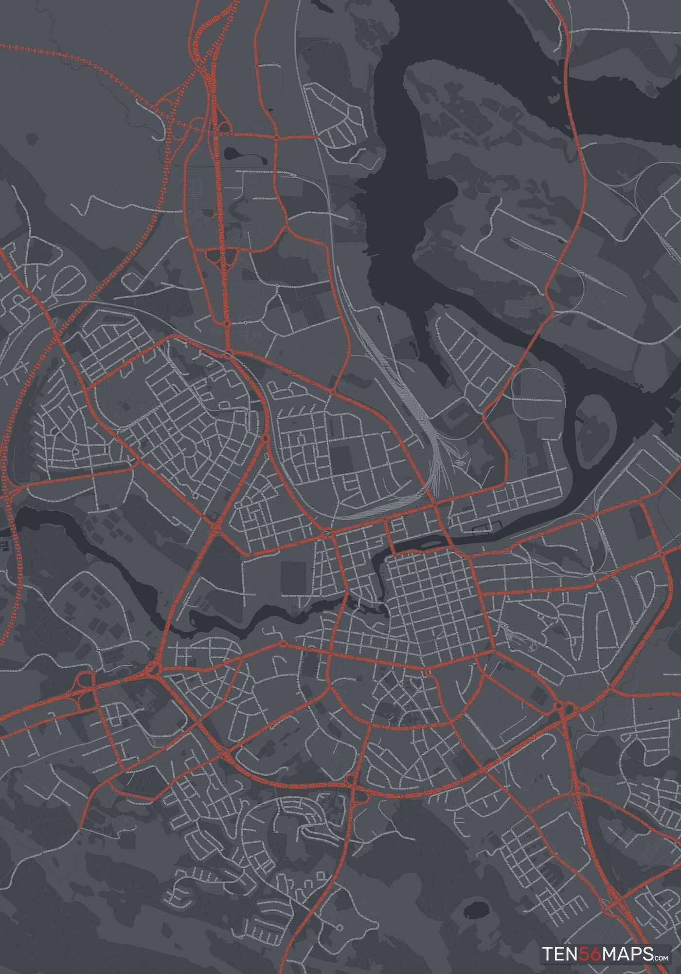 Color Variant Slate - Dark grey with major roads in red.
