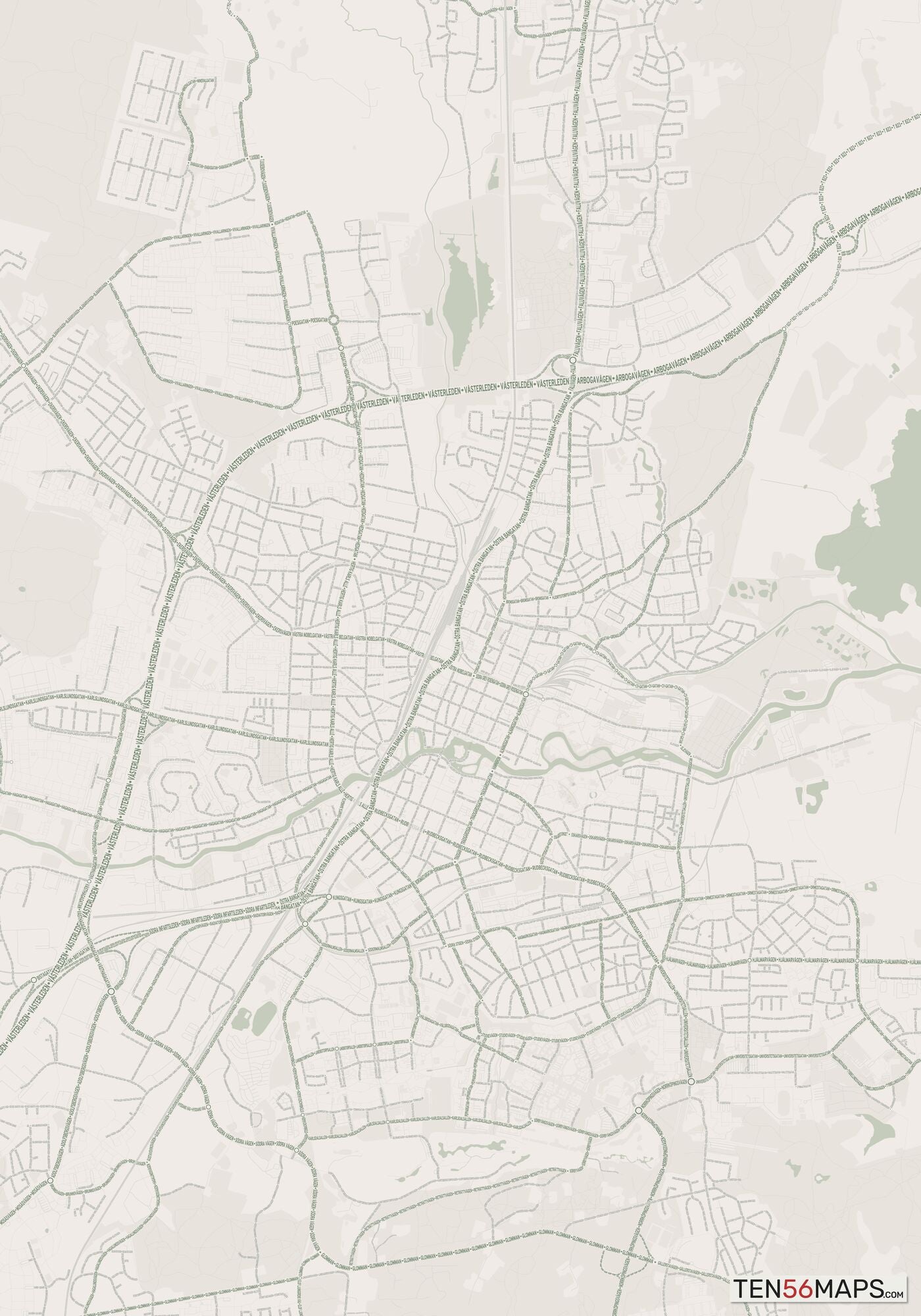 Color Variant Mint - Muted green water and major roads in darker green.