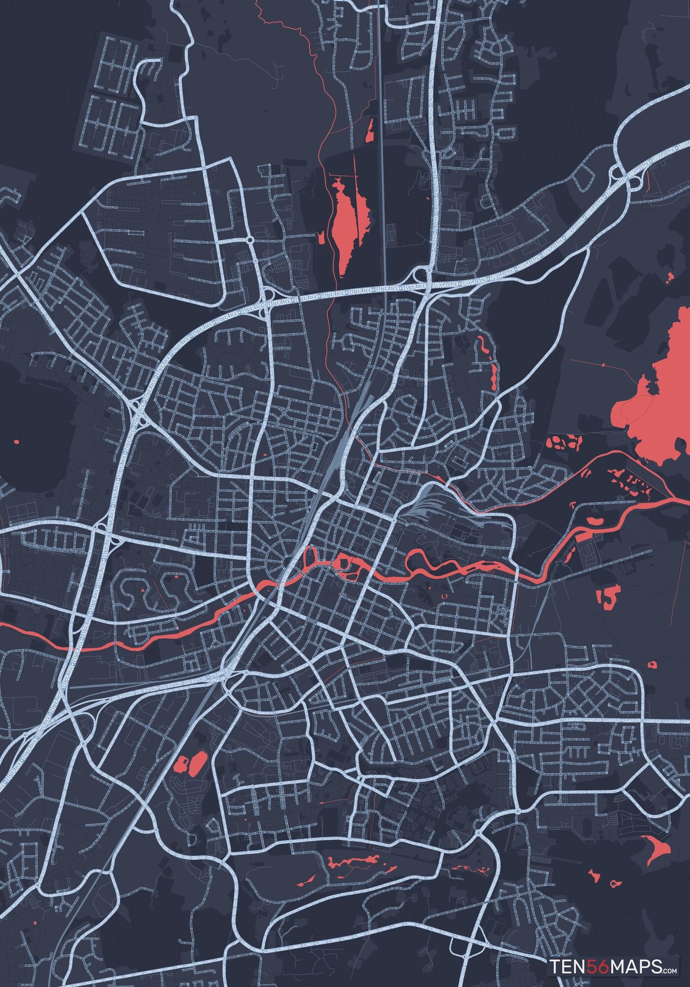 Color Variant Royal - Blue land with water in red.