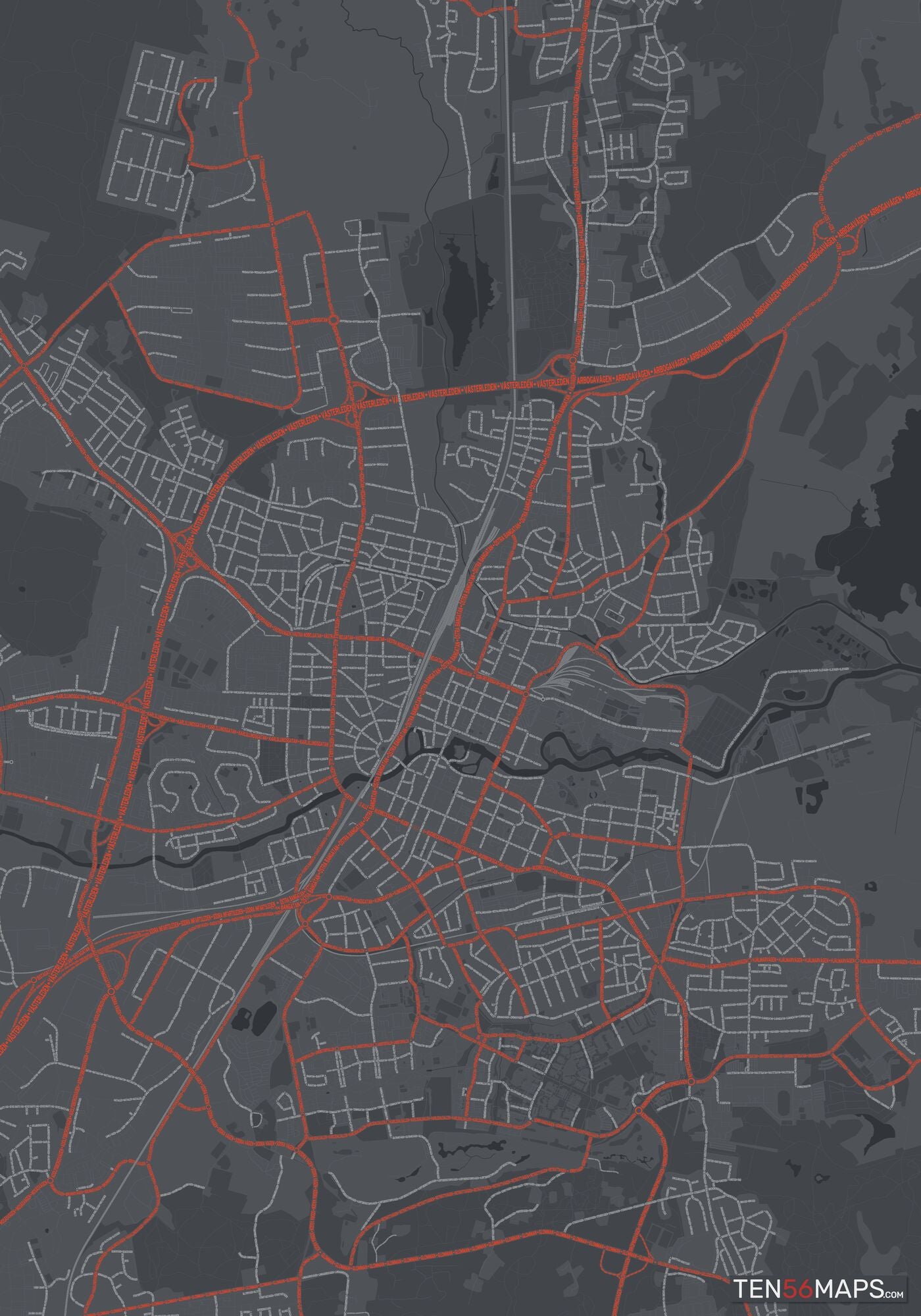 Color Variant Slate - Dark grey with major roads in red.
