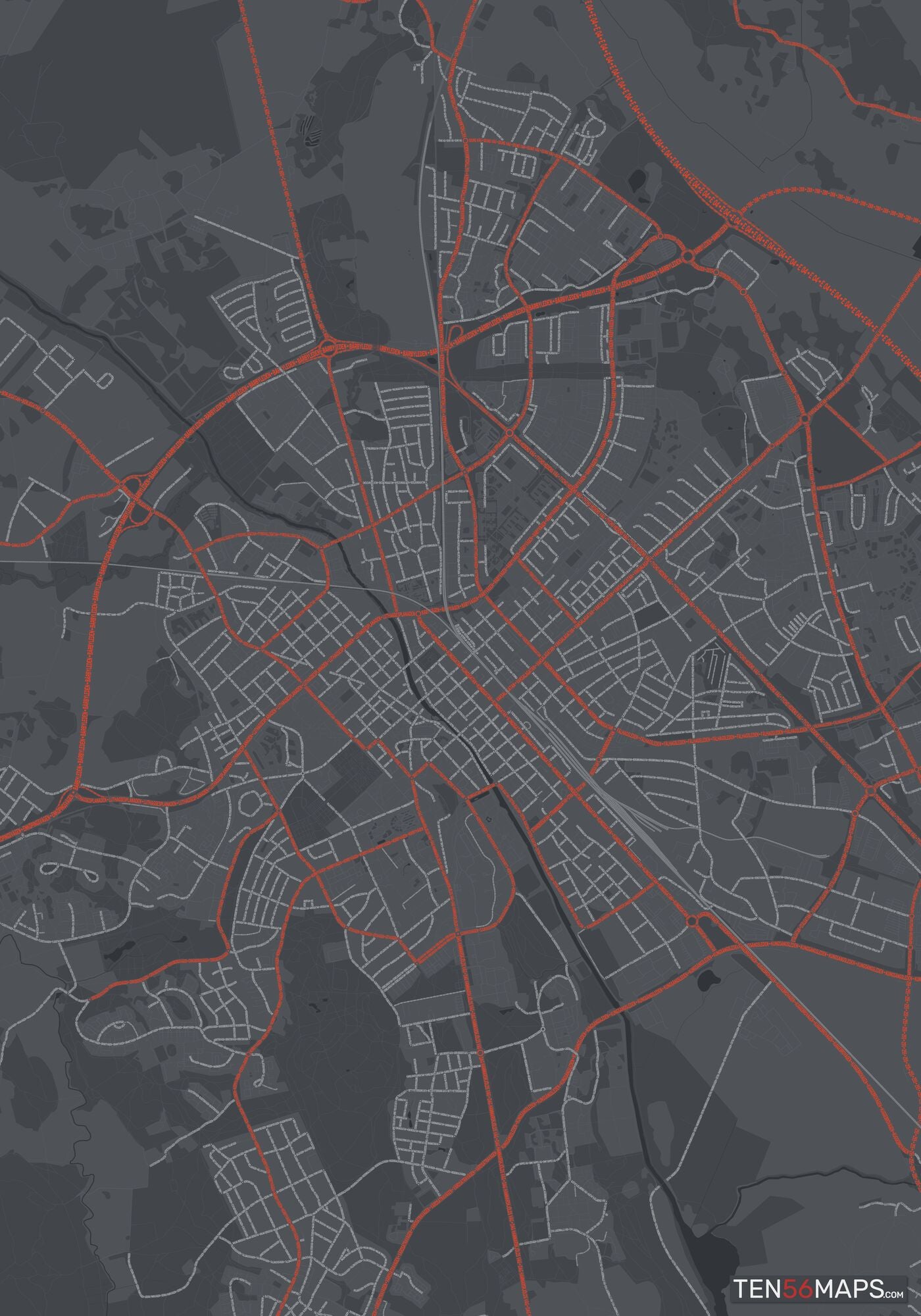 Color Variant Slate - Dark grey with major roads in red.