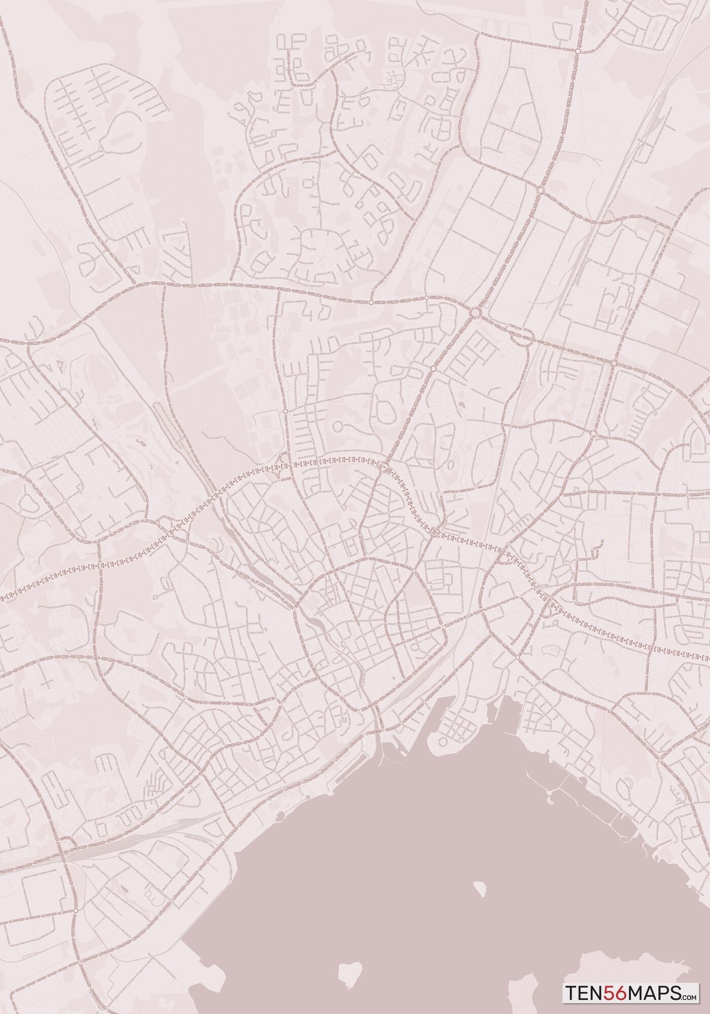 Color Variant Rose - Muted red roads and water.