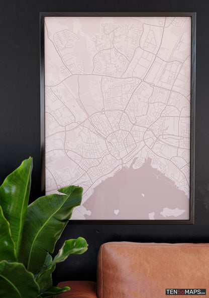 Poster hanging over couch in Rose color scheme