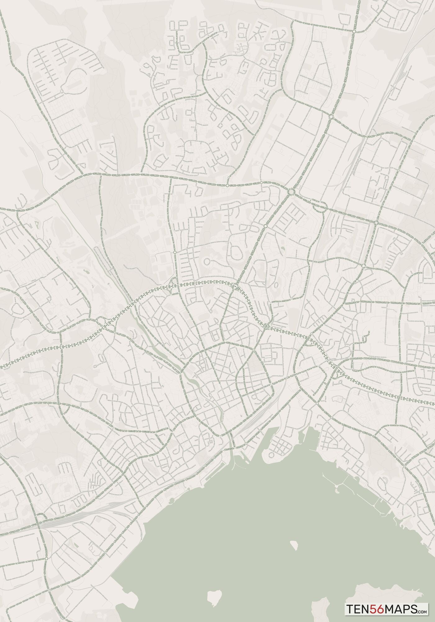 Color Variant Mint - Muted green water and major roads in darker green.