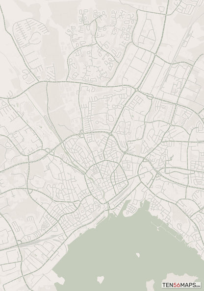 Color Variant Mint - Muted green water and major roads in darker green.