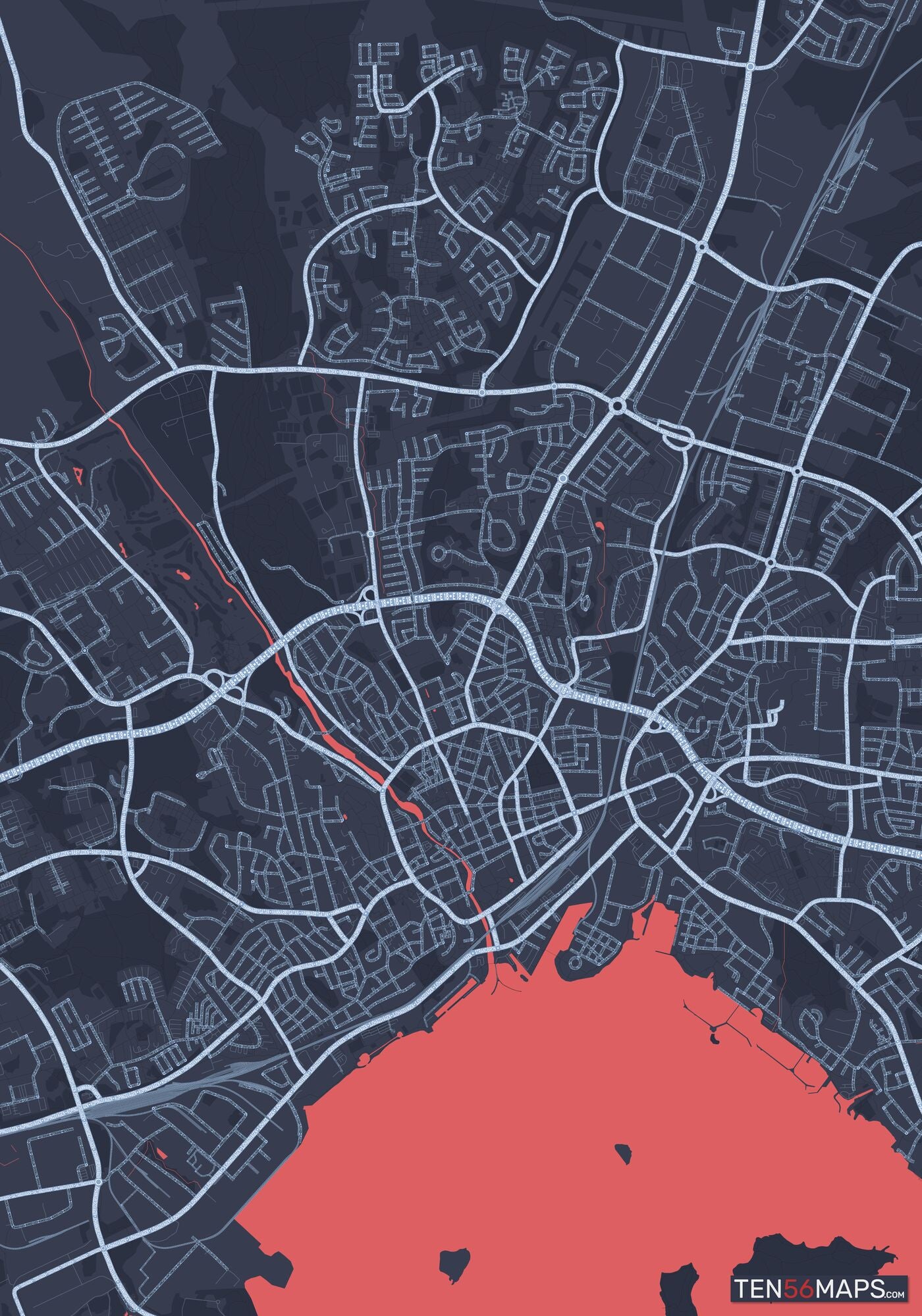 Color Variant Royal - Blue land with water in red.