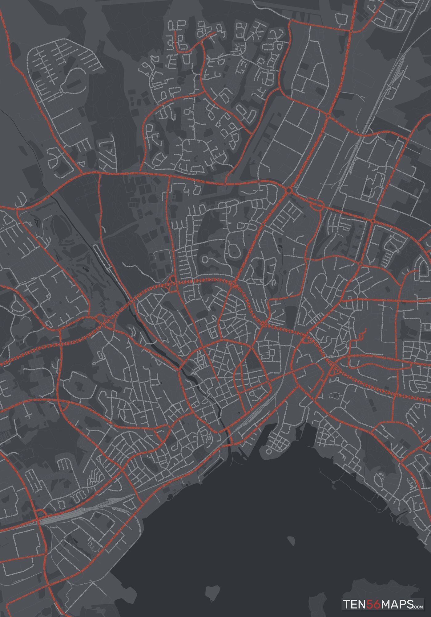 Color Variant Slate - Dark grey with major roads in red.