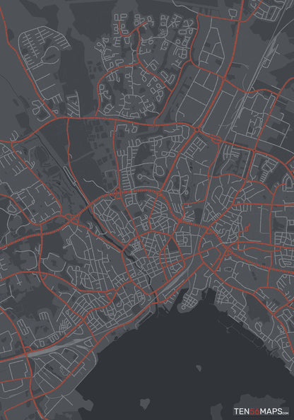 Color Variant Slate - Dark grey with major roads in red.