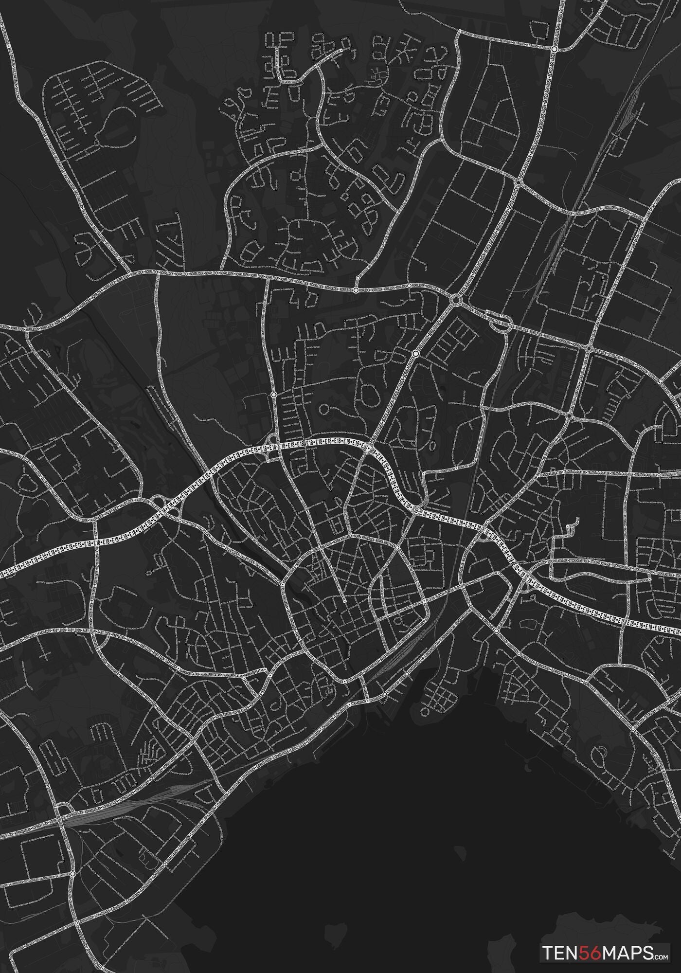 Color Variant Ruby - Dark grey with major roads highlighted in white.